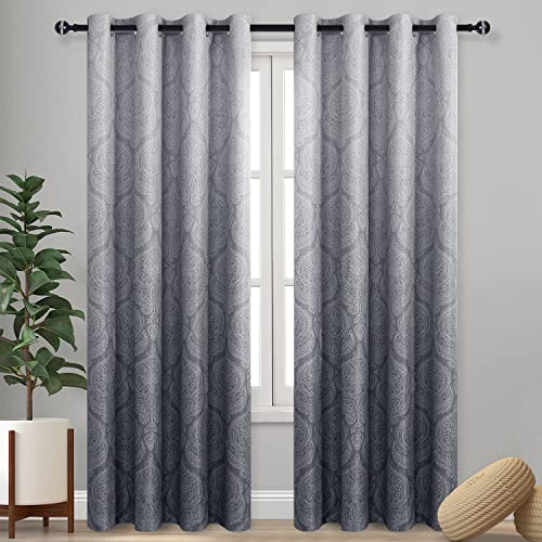 DWCN Ombre Blackout Curtains for Bedroom - Damask Patterned Thermal Insulated Energy Saving Grommet Curtains for Living Room, Set of 2 Panels, 52 x 84 Inch Length, Grey - color: Grey, size: 52"W x 84"L (Pack of 2)
