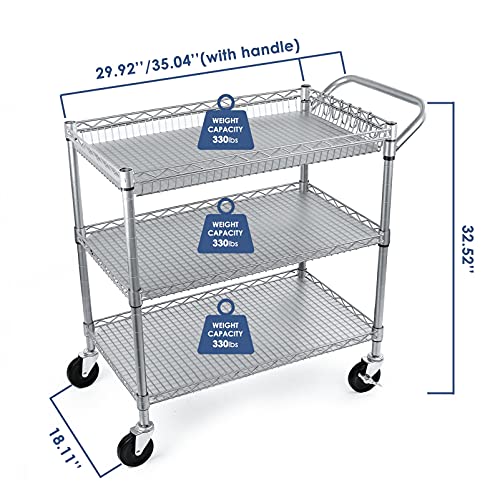Heavy Duty 3 Tier Utility Cart,Wire Rolling Carts with Wheels, Commercial Grade Service Cart with Shelving Liners and Handle Bar Metal Carts for Kitchen Office Hardware - color: 990lbs Capacity Silver