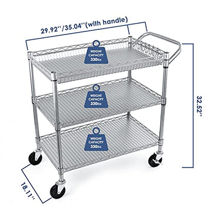 Heavy Duty 3 Tier Utility Cart,Wire Rolling Carts with Wheels, Commercial Grade Service Cart with Shelving Liners and Handle Bar Metal Carts for Kitchen Office Hardware - color: 990lbs Capacity Silver