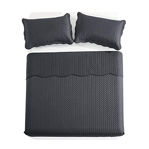 MOONLIGHT20015 Twin Quilt Set (66" x 86") with 1 Pillow Sham (20" x 26"+2") for All Season - 2 Pcs Reversible Bedding Set Lightweight Microfiber Coverlet Embossed Pattern Quilted Bedspread (Charcoal) - color: Charcoal/Dark Grey, size: Twin