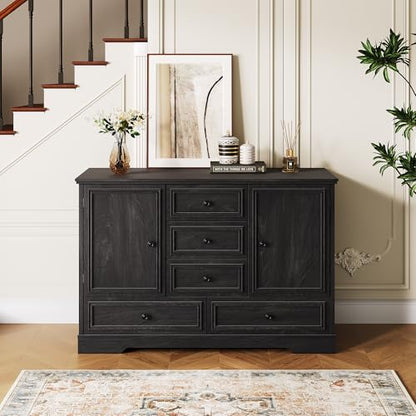 GarveeHome 47" Farmhouse Sideboard Buffet Cabinet,Sideboard Storage Credenza with 5 Drawers and 2 Doors,Wood Coffee Bar Cabinet,Buffet Table for Dining Room Living Room,Black01 - color: Black01