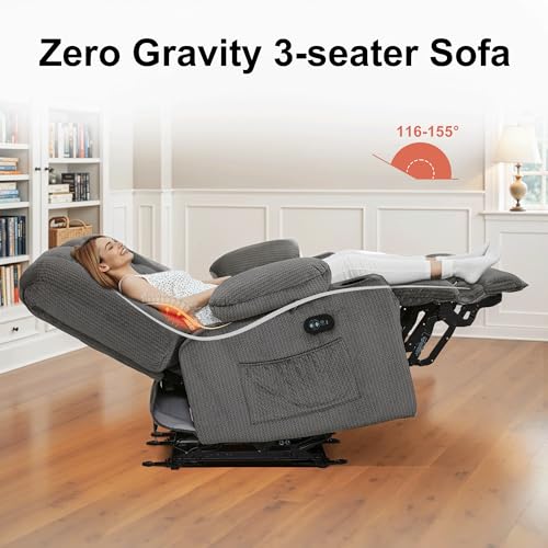MCombo 82 in 3 Seater Reclining Sofa with Heat and Massage PR647 (Grey) | 155° Zero Gravity, Reclining Middle Seat, Dual Charging Ports, Cup Holders, FSC & OEKO Certified - color: Grey, size: 3 Seater Recliner with Zero Gravity