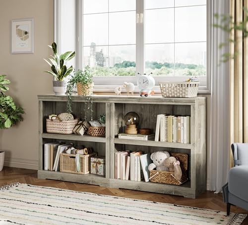 LINSY HOME 2-Tier Bookcase and Bookshelf, Small Wood Display Storage Shelves Farmhouse Bookshelf for Home Office, Living Room, Bed Room - Light Brown - color: Light Brown, size: 2 Shelf Standard 31.8"H