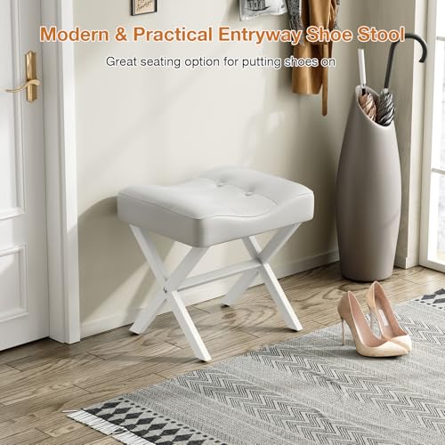 18-Inch Large Leather Vanity Stool Chair, White Makeup Stool | Vanity Bench, Metal X-Leg, 350 LBS, 20"x16.9"x18", Ottoman Accent Stool, Thick Padded Saddle Seat, For Living Room Bedroom - size: Large, style: White Leather