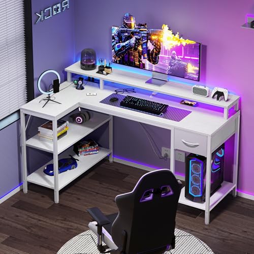 DUMOS 47 Inch Gaming Desk, Monitor Stand, LED Lights, Storage Shelves | USB Charging Ports, Power Outlets, Reversible L Shaped Corner, Small Spaces, White - color: White, size: 47-Inch