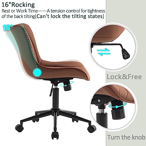 YOUTASTE Coffee Brown Office Chair Modern Armless Desk Chair with Wheels Adjustable Swivel Rocking Rolling Computer Study Chairs Faux Leather Sewing Chairs with Back Stylish Vanity Chair - color: Coffee Brown