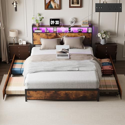 VINGLI Full Platform with 4 Storage Drawers and Headboard, Metal Double Bed with Charging Station and LED Lights, No Box Spring Needed, Noise Free, Easy Assembly, Vintage Brown - color: Vintage Brown, size: Full/4 Drawers
