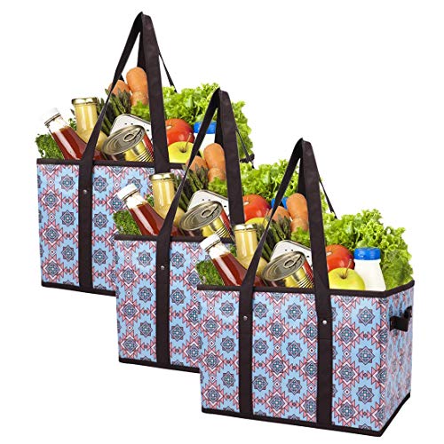 Foraineam Reusable Grocery Bags Set Durable Heavy Duty Tote Bag Collapsible Grocery Shopping Box Bag with Reinforced Bottom - color: Magic Geometric / 3 Pack
