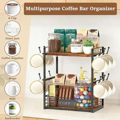 Coffee Mug Rack with 12 Hooks, 2-Tier Coffee Bar Organizer with Shelf & Storage Basket, Countertop Coffee Cup Holder Stand for Kitchen, Home & Café - Black & Brown - color: 2-Tier (Large)