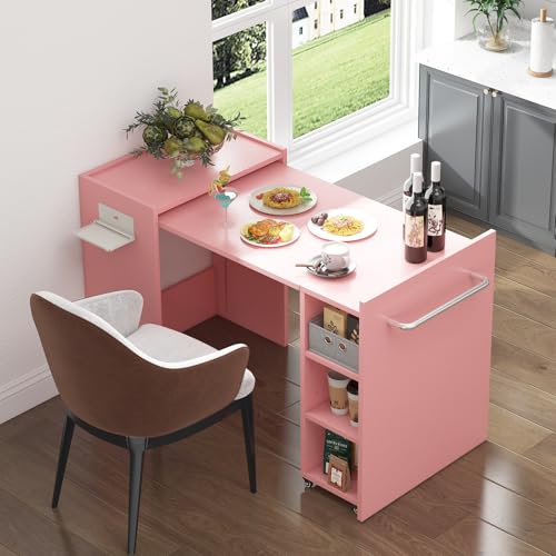 smilesun Folding Dining Table, Wall Mount Foldable Kitchen Table w/Fabric Drawer & Adjustable Storage Shelf, Space Saving Compact Expandable Pull Out Table for Small Spaces, Pink - color: Pink