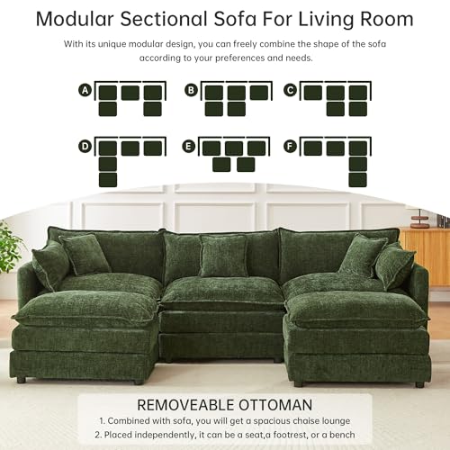 Modular Sectional Sofa, 112.2 Inch U Shaped Couch Set with Armrests, 3-Seater Comfy Cloud Couches for Living Room Apartment, Green - color: Green, size: 112'' - U Shape