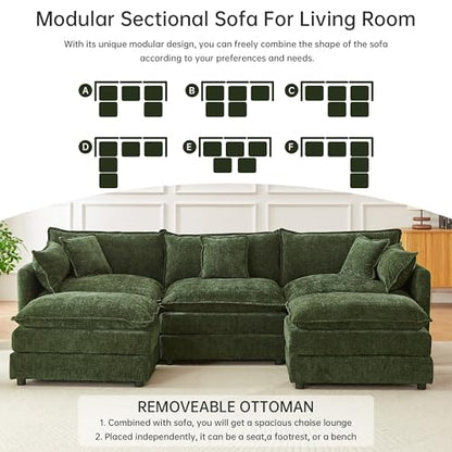 Modular Sectional Sofa, 112.2 Inch U Shaped Couch Set with Armrests, 3-Seater Comfy Cloud Couches for Living Room Apartment, Green - color: Green, size: 112'' - U Shape
