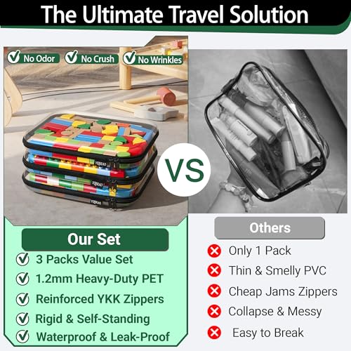 YQBRAO Clear Hard Shell Zipper Cases, 3 Large Travel Organizers, Black | Rigid 1.2 mm PET and YKK dual zippers for full-size toiletries, makeup palettes, electronics and craft supplies - color: Black, size: 3 Pack(L)