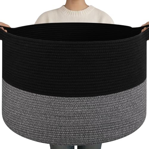 OIAHOMY 90L XXXLarge Blanket Basket for Living Room, 21.7" x 13.8" Woven Cotton Rope Laundry Basket for Organizing Pillows, Decorative Stuffed Animal Toy Storage for Nursery, Black and Grey - color: Black and Grey, size: 21.7"D x 13.8"H