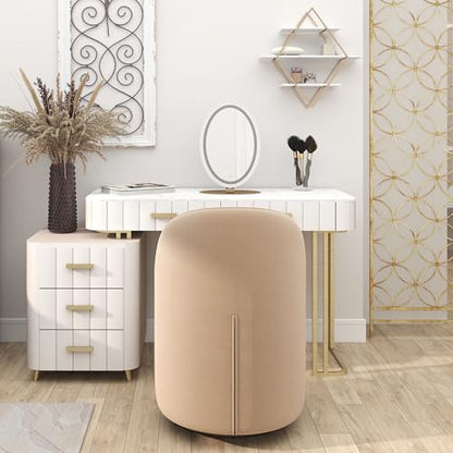HNY Upholstered Kitchen & Dining Room Barrel Chair, Mid Century Modern Round Velvet Dining Chair, 360 Degree Swivel Comfy Armless Accent Makeup Vanity Side Chair for Bedroom Living Room, Khaki - color: Khaki