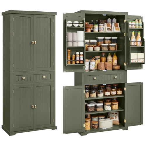 VASAGLE Pantry Cabinet, Freestanding Tall Cupboard with a Drawer | Freestanding cupboard with 2 cabinets, 6 adjustable shelves, Forest Green, UBBK561C01 - color: Forest Green, style: Modern