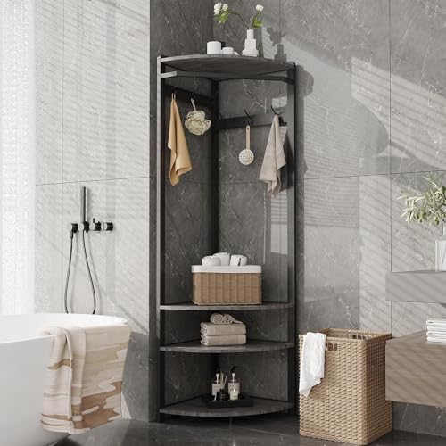 Corner Hall Tree with Shoe Bench & 6 Double Hooks, Space-Saving Entryway Corner Coat Rack with Storage Organizer & Shelf, Multi-Functional Hallway Storage Tree for Entryway, Hallway, Rustic Grey