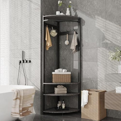 Corner Hall Tree with Shoe Bench & 6 Double Hooks, Space-Saving Entryway Corner Coat Rack with Storage Organizer & Shelf, Multi-Functional Hallway Storage Tree for Entryway, Hallway, Rustic Grey