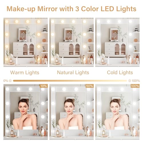 Vanity Desk with Mirror and LED Lights & Power Outlet | Large Makeup Vanity Table with 5 Drawers and 4 Storage Cabinets, White Dressing Table for Bedroom - size: 004 White