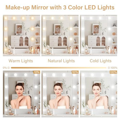 Vanity Desk with Mirror and LED Lights & Power Outlet | Large Makeup Vanity Table with 5 Drawers and 4 Storage Cabinets, White Dressing Table for Bedroom - size: 004 White