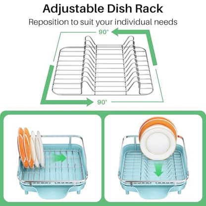 SNTD Expandable Dish Drying Rack for Kitchen Counter, 15.2-22.1 in, Blue | Rust-Resistant Stainless Steel, Protective Side Rails, Self-Draining Drainboard, Removable Utensil Holder - color: Blue