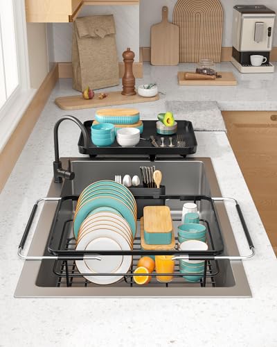 Sakugi Extendable Dish Drying Rack Over Sink with Dish Drainer, Sink Organization and Storage Essentials with Silverware & Utensil Holder, Home and Apartment Decor, 12" W x 16.1~23" L, Black - color: Black, size: 12"W x 16.1~23"L
