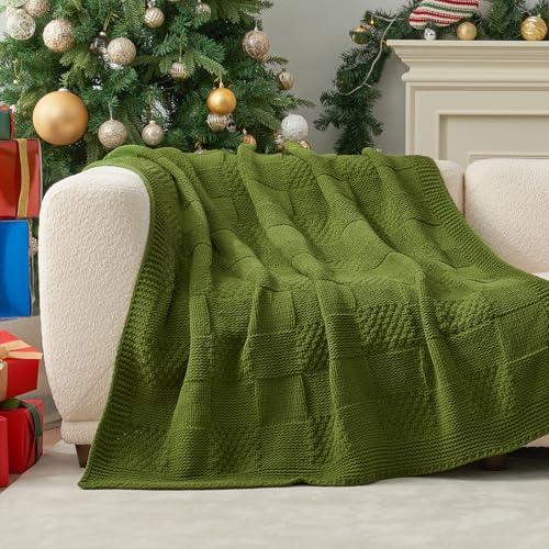 Knit Throw Blanket, Soft Chenille Cozy Breathable Checkered Chunky Decorative Blanket for Couch, Bed & Sofa, French-Inspired Lightweight Warm Gift for Women, Olive Green, 50"x60" - color: Checkered Olive Green, size: Checkered Knit 50"x60"