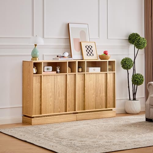31.7’’ Mid Century Modern Accent Sideboard Storage Cabinet, Natural Wood | 11.9’’D Slim Credenza, 2 Doors, 3 Open Cubbies, Adjustable Shelf, for Narrow Entryway, Hallway, Living Room & Dining - color: Natural Wood, size: 2 PCS
