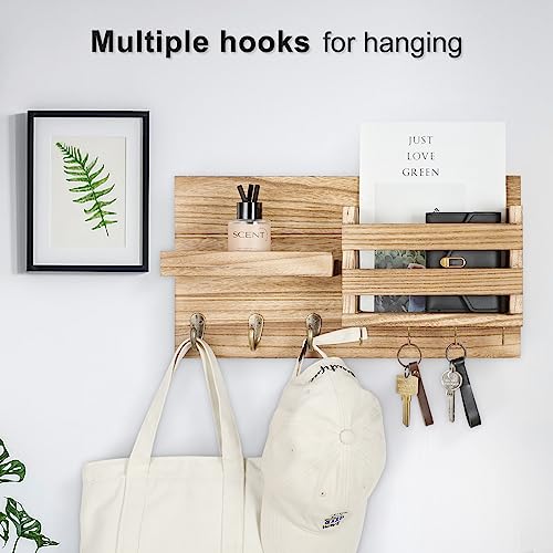 Lwenki Mail Organizer for Wall Mount – Key Holder with Shelf Includes Letter Holder and Hooks for Coats, Dog Leashes – Rustic Wood with Flush Mounting Hardware (16.5” x 8.7” x 3.5”) (Wood) - color: Wood
