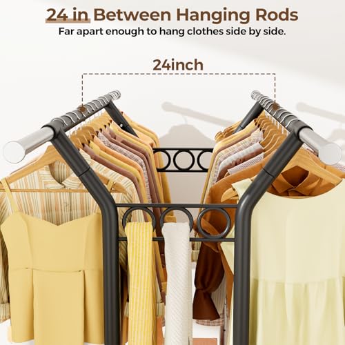 HYSEYY Heavy Duty Clothes Rack, Rolling Clothing Rack With Shelves Load 620 LBS, Double Rod Clothing Racks for Hanging Clothes, Portable& Adjustable Clothes Rack with Wheels,Black - color: Black