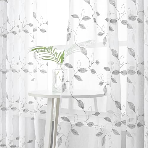 Tollpiz Grey Leaf Sheer Curtains Bedroom Short 38 x 54 Inches | Leaves Embroidered Curtain Rod Pocket Voile Window Treatment for Living Room, Set of 2 Panels - color: Grey, size: 38"W x 54"L (Pack of 2)