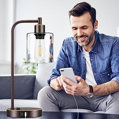 Industrial Touch Table Lamps Set of 2 - Bedside Lamps with 2 USB Ports & AC Outlet, 3-Way Dimmable Nightstand Desk Lamp for Bedroom Living Room, Glass Shade & 2 LED Bulbs Included - Oil-Rubbed Bronze - color: Oil-Rubbed Bronze with Gold Edge