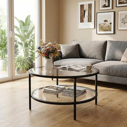 DIYART 29.5" Round Glass Coffee Table, 2-Tier Modern Black Glass & Metal End Table for Living Room, Mid Century Accent Table with Lower Shelf, 29.5" D x 16.5" H