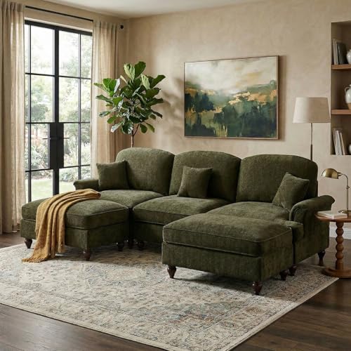 Modular Sectional Sofa Couch, Comfy Chenille Sofa with Removable Ruffled Skirt, Flared Armrests, Sturdy Legs, Convertible Sectional for Living Room, Bedroom, Apartment (Green) - color: Green, size: 107.1 Inch U