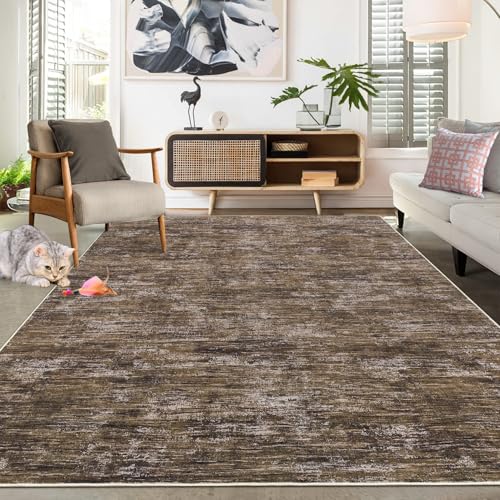 Washable Rug 10x13 for Living Room Modern Abstract Area Rug Non-Slip Large Contemporary Bedroom Rug Stain Resistant Aesthetic Accent Floor Carpet Foldable Solid Rug for Home Office, Brown - color: Brown, size: 10' x 13' (Rectangular)