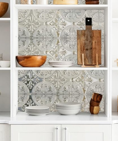 Peel and Stick Metal Backsplash Tiles, Silver Fleur, 10-Pack | 8 x 8 in tile size; Covers up to 4.44 sq ft; Aluminum; Water-resistant surface; For kitchens, ceilings, DIY projects - style: Silver Fleur