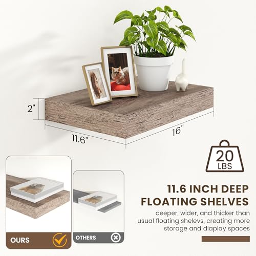 12 Inch Deep Floating Shelves, 16 Inch Grey Wall Shelves Set of 2 | Invisible Brackets, Engineered Wood, Mounting Hardware Included, 35LBS, Bathroom, Laundry Room, Kitchen, Living Room - color: Grey, size: 16W x 11.6D x 2H, 2 Pack