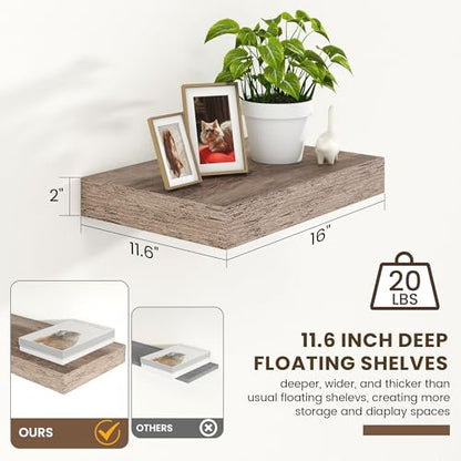 12 Inch Deep Floating Shelves, 16 Inch Grey Wall Shelves Set of 2 | Invisible Brackets, Engineered Wood, Mounting Hardware Included, 35LBS, Bathroom, Laundry Room, Kitchen, Living Room - color: Grey, size: 16W x 11.6D x 2H, 2 Pack