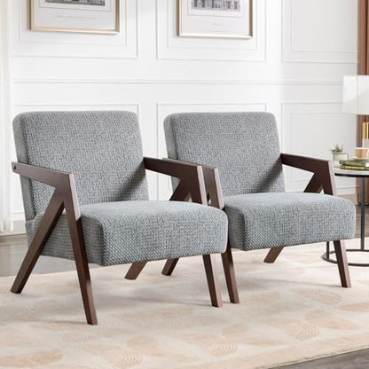 Bonzy Home Mid-Century Modern Accent Chair Set of 2 with Wood Frame, Upholstered Armchair for Bedroom & Living Room, Linen Fabric Cushion, Z-Shaped Armrest Design, Sturdy Lounge Chair - color: Light Gray, size: 2PCS
