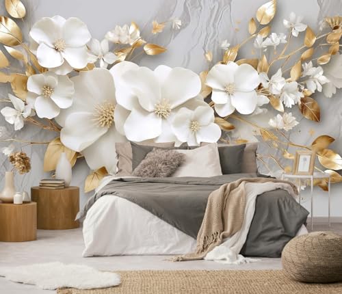 Toolhom 3D Wallpaper Illustration Beige Background | 127"x77" non-self-adhesive Large White Abstract Gold Leaf Flower for Living Room Bedroom Backdrop Decoration - color: MURAL-219, size: 127" x 77"