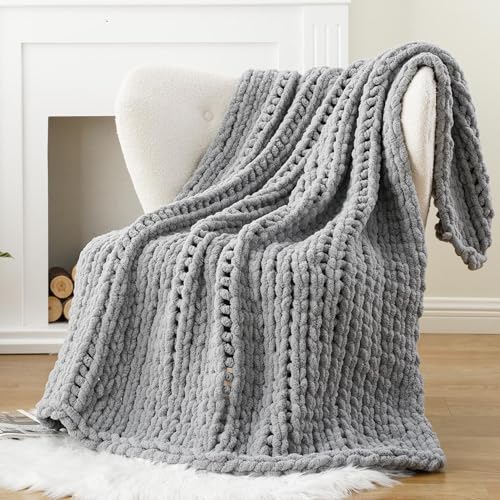 Chunky Knit Throw Blanket for Couch, Light Grey Throw Blanket 50"x60" | Knit Throw Blanket, Soft Thick Chunky Blanket, Hand Made Gray Knitted Throw Blanket for Bed Sofa Living Room - color: Light Grey