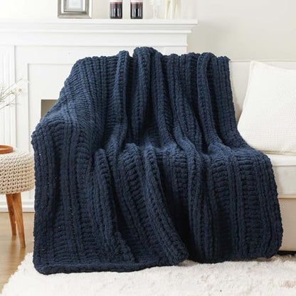 Battilo Chunky Knit Throw Blanket for Couch, 50"x60", Navy Blue | Hand Knit, Gift Blanket, Cozy Warm Thick Soft Chenille Throw Blanket for Bed, Sofa, Chair, Living Room - color: Navy