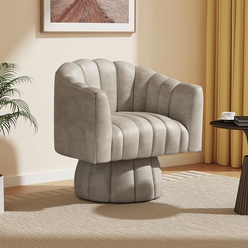 Dewhut Swivel Accent Chair, Barrel Accent Chair, Faux Leather, Almond | Faux leather Upholstered Round Arm Chair with 360° Swivel Base, Mid Century Modern Living Room Chair - color: Almond