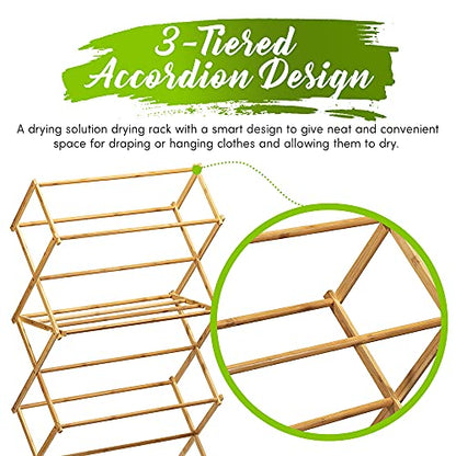 Bartnelli Bamboo Laundry Drying Rack for Clothes, Wood Clothing Dryer, Extreme Stability, Heavy Duty Built, Foldable, Collapsible Space Saving | 2 Size Tiers, Pre-Assembled (X-Large - BDR-552)