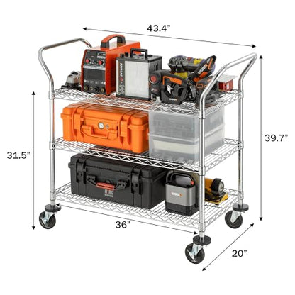Finnhomy 3-Tier Commercial Grade Rolling Cart, Heavy Duty Utility Cart with Wheels and Handles, Metal Kitchen Carts on Wheels with 500 lbs Capacity, Shelf Size 20" D x 36" W, NSF - size: 20"D x 43.3"W x 39.7"H