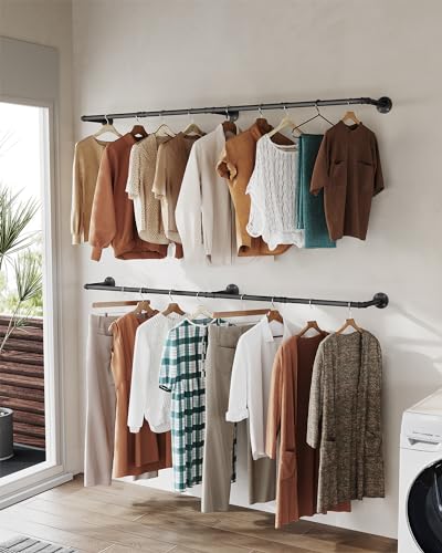 OROPY 65.7" Heavy Duty Industrial Pipe Clothes Rack for Hanging Clothes | Wall Mounted Clothes Bar, Space Saving Iron Garment Rack, Multi-Purpose Hanging Rod for Bedroom, Closet, Black, 3 Base