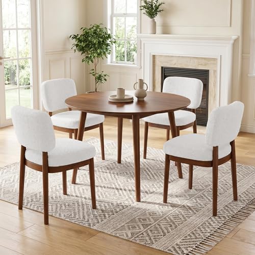 Wooden Dining Chairs Set of 4, Boucle Upholstered Kitchen Chairs with Solid Wood Legs, Mid Century Modern Dining Chairs, Farmhouse Side Chair with Hardwood Frame for Dining Room, White - color: White, size: Set of 4