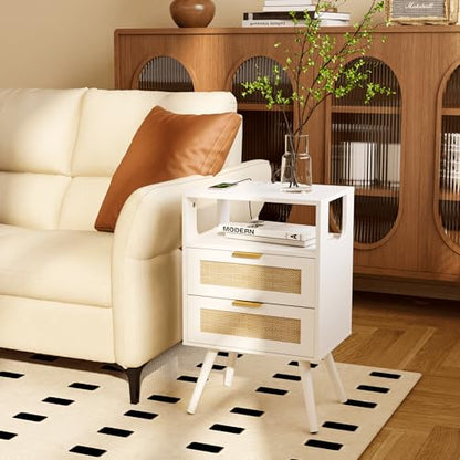 Rattan Nightstand with Charging Station,Farmhouse Bedside Table with 2 Storage Drawer and Open Wood Shelf, for Bedroom and Small Spaces,Night Stand with Solid Wood Legs (White-Outlet) - color: White-outlet