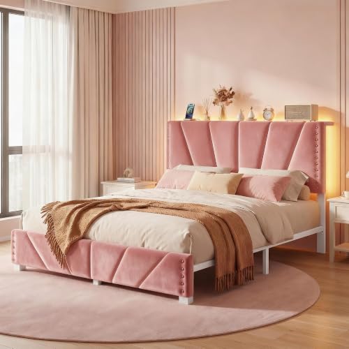 EnHomee Full Size Bed Frame with LED Lights & USB, Noise-Free, Pink | Adjustable Velvet Headboard，Under-Bed Storage，Heavy Duty Support with 12 Slats，No Box Spring Needed，Easy Assembly for Bedroom - color: Pink, size: Full