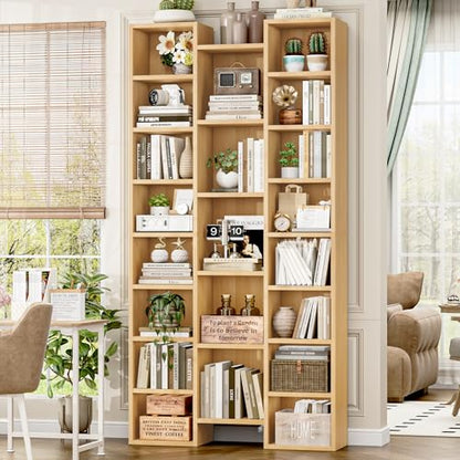 FOTOSOK 71'' H Bookshelf with 21 Cubes, Triple Wide Tall Bookshelf Natural | 8 Tier Bookcase with 8 Adjustable Shelves, Large Bookshelf DVD/CD Media Tower Storage, Freestanding Display Shelf Cabinet - color: Natural